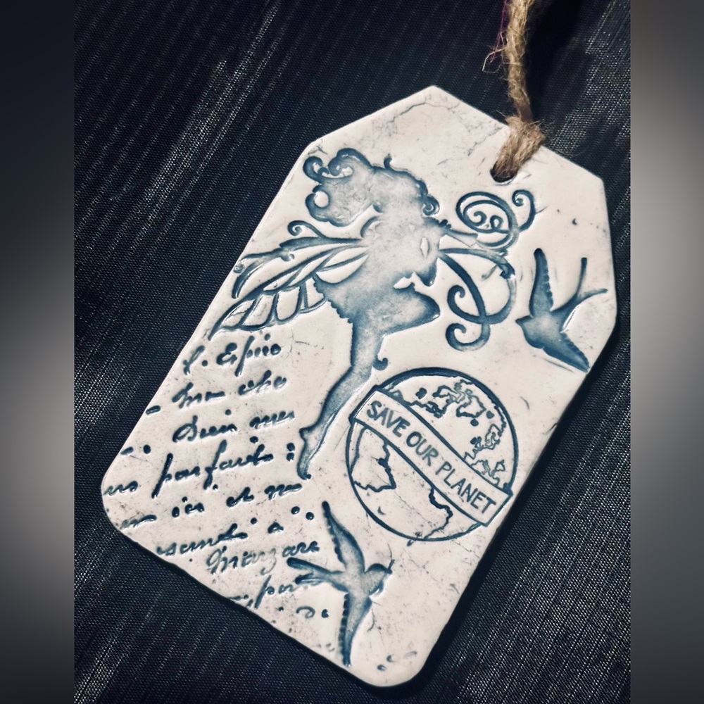 🎁 Save Our Planet Handmade Ceramic Wall Gift Tag Art Decor New OOAK Fairy Earth